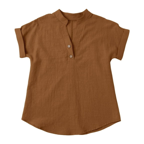 KAUOD Girls Casual Trendy Henley Tees Shirts Teens Summer Short Sleeve Tops Solid Color Thin Linen Tshirt Blouses