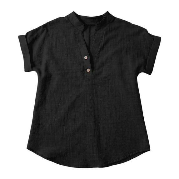 KAUOD Girls Casual Trendy Henley Tees Shirts Teens Summer Short Sleeve Tops Solid Color Thin Linen Tshirt Blouses