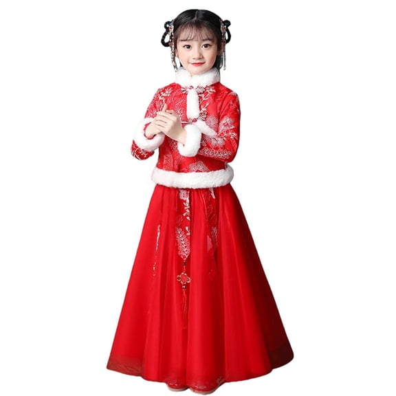 KAUOD Girls Chinese Dress Suits Cute Bow Embroidery New Years Traditional Pleated Dresses Kids Birthday Pageant Clothes