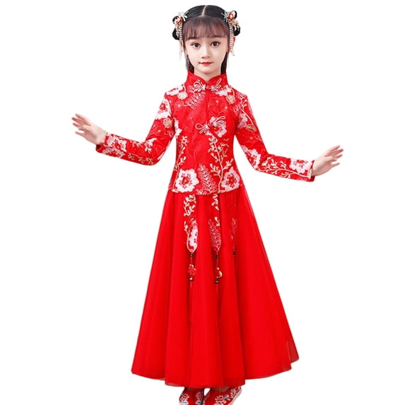 KAUOD Girls Chinese Dress Suits Cute Bow Embroidery New Years Traditional Pleated Dresses Kids Birthday Pageant Clothes