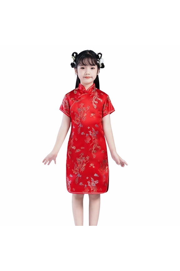 Girls Chinese Qipao Dress Short Sleeve Printed Cheongsam for Birthday Party Wedding Summer Cute Traditional Dress