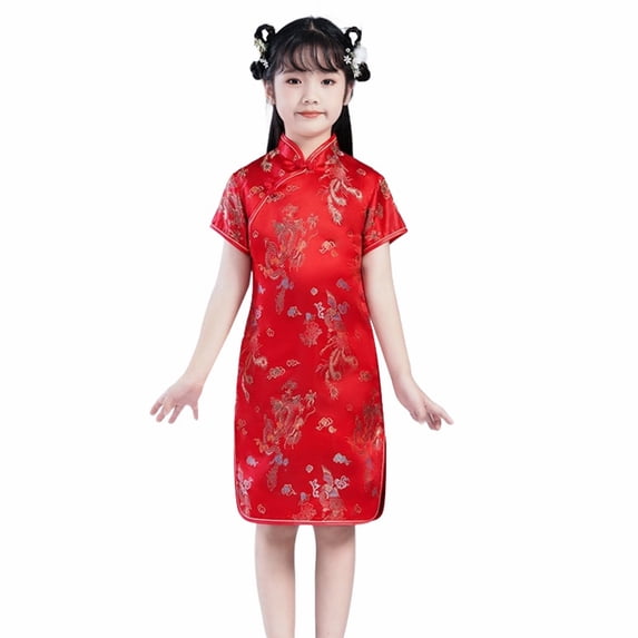 KAUOD Girls Chinese Qipao Dress Short Sleeve Printed Cheongsam for Birthday Party Wedding Summer Cute Traditional Dress