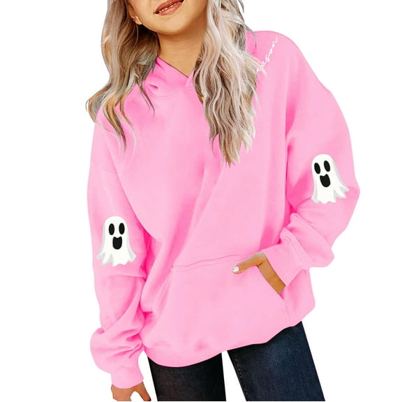 KAUOD Girls Cotton Hoodies Cute Halloween Ghost Oversized Pullover Hoodie Sweatshirts Teen Kids Fleece Warm Tops Clothes