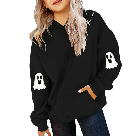 KAUOD Girls Cotton Hoodies Cute Halloween Ghost Oversized Pullover Hoodie Sweatshirts Teen Kids Fleece Warm Tops Clothes