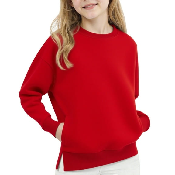 KAUOD Girls Cotton Sweater Fleece Warm Plain Crew Neck Pullover Tops Clothes Teen Kids Thick Cute Long Sleeve Sweater