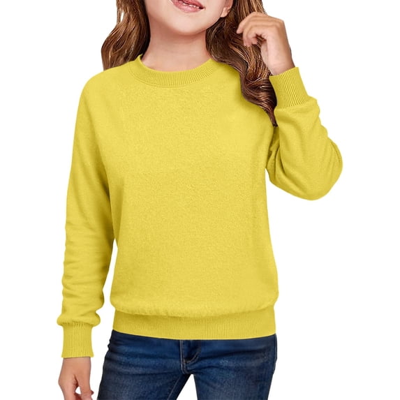 KAUOD Girls Long Sleeve Sweater Crew Neck Ribbed Knit Pullover Sweatshirts Tops Teen Kids School Plain Cotton Shirt Clothes