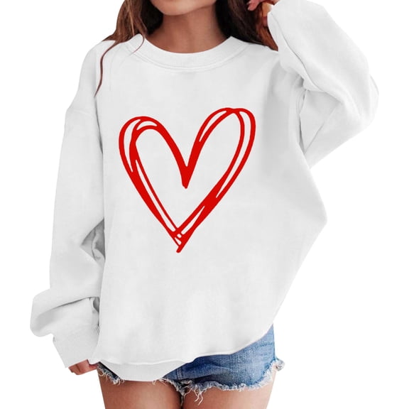 KAUOD Girls Cute Heart Crew Neck Sweatshirts Long Sleeve Cotton Pullover Tops Clothes Teen Kids Oversized Ribbed Cuffs Hoodies
