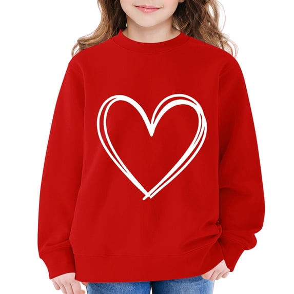 KAUOD Girls Cute Heart Print Sweatshirts Long Sleeve Crew Neck Ribbed Cuffs Pullover Tops Teen Kids Cotton Soft Clothes