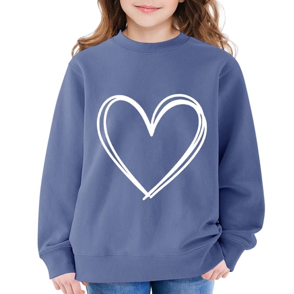 KAUOD Girls Cute Heart Print Sweatshirts Long Sleeve Crew Neck Ribbed Cuffs Pullover Tops Teen Kids Cotton Soft Clothes