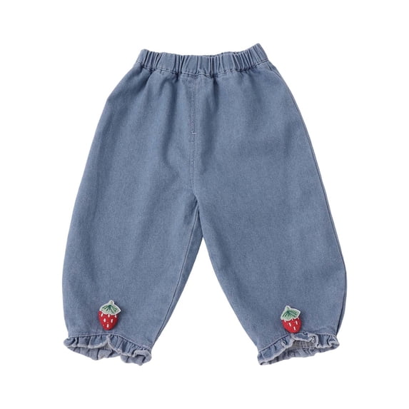 KAUOD Girls Cute Strawberry Flared Bootcut Jeans with Ruffđ„e Tapered Cuff Elastic High Waisted Wide Leg Baggy Denim Pants