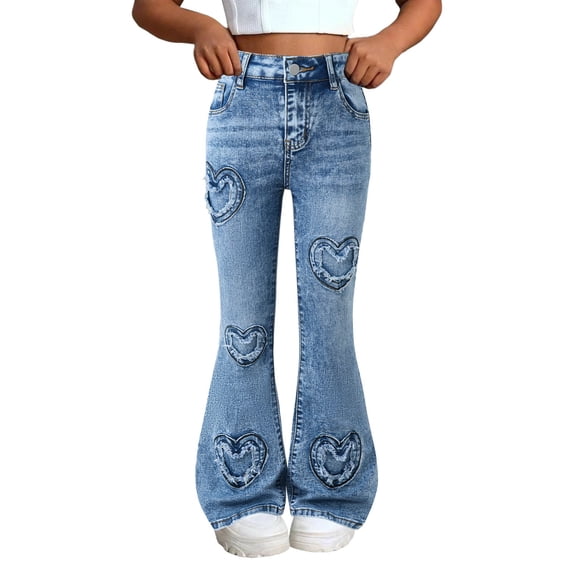 KAUOD Girls Cute Vintage Flare Jeans Heart Ripped Bell-Bottom Denim Pants Teen Kids High Waist Skinny Jeans with Pockets