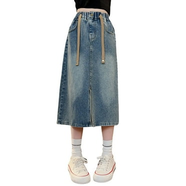 KAUOD Girls Denim Skirts High Elastic Waist A-line Flare Jean Skirt, Kids Stretch Long Skirts with Pockets Vintage Clothes