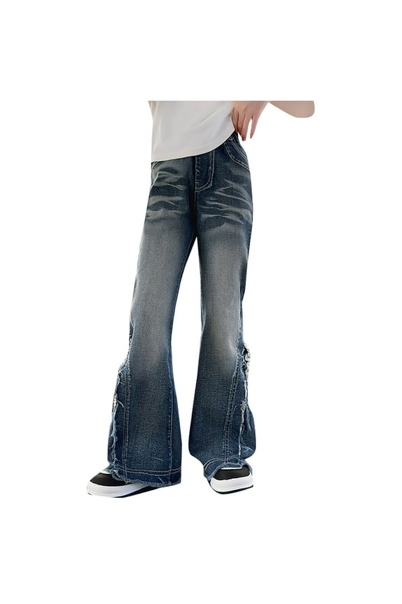 Girls Distressed Flare Jeans Baggy Bell-Bottom Cargo Streetwear Denim Pants Kids High Waist Retro Jeans Trousers