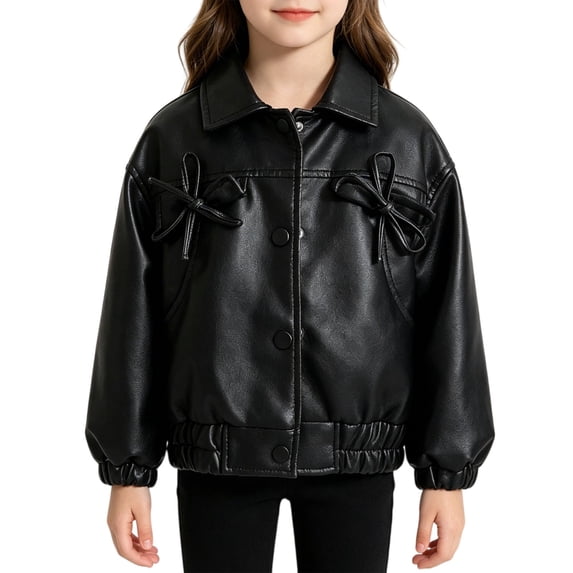 KAUOD Girls Faux Leather Jacket Kids Lapel Snap Button Motorcycle Jacket Y2K Cute Tie Casual Long Sleeve PU Leather Bomber Coats