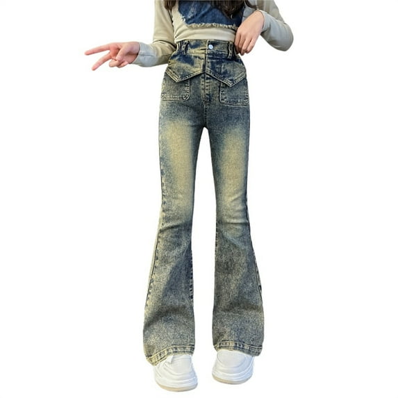 KAUOD Girls Flare Jeans High Waist Bell Bottom Denim Pants with Pockets, Retro Vintage Stretchy Streetwear Clothes for Kids