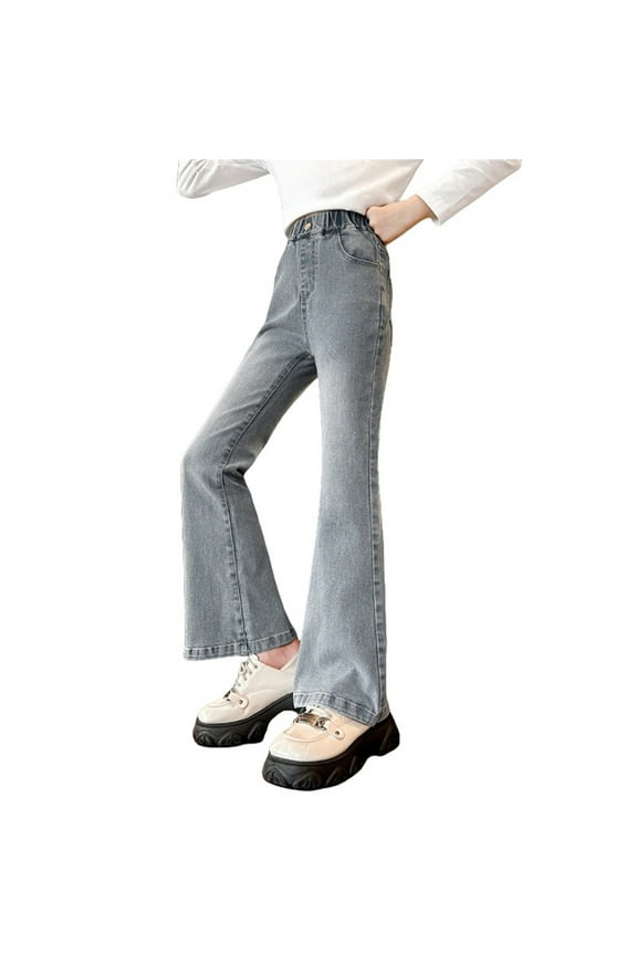 Girls Flare Jeans High Waist Bell Bottom Denim Pants with Pockets, Washed Stretchy Trousers Casual Streetwear Clothes