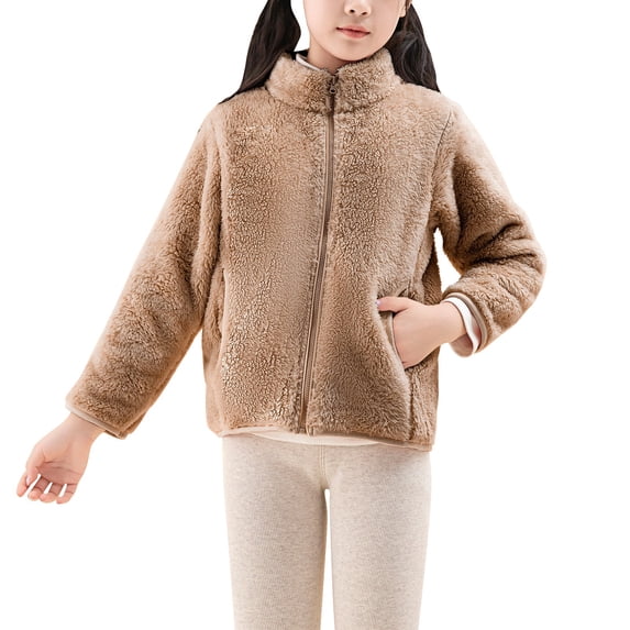 KAUOD Girls Full Zipper Mock Neck Jackets Fleece Soft Christmas Winter Coats Kids Long Sleeve Warm Plush Outwear with Pockets