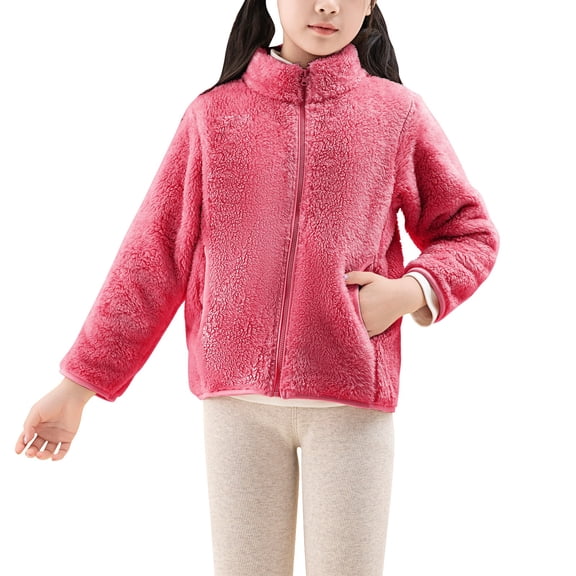 KAUOD Girls Full Zipper Mock Neck Jackets Fleece Soft Christmas Winter Coats Kids Long Sleeve Warm Plush Outwear with Pockets