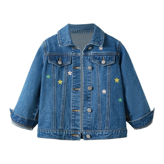 KAUOD Girls Jeans Jackets Cute Star Embroidery Buttons Front Denim Jackets Teen Kids Vintage Pockets Jeans Coats Clothes