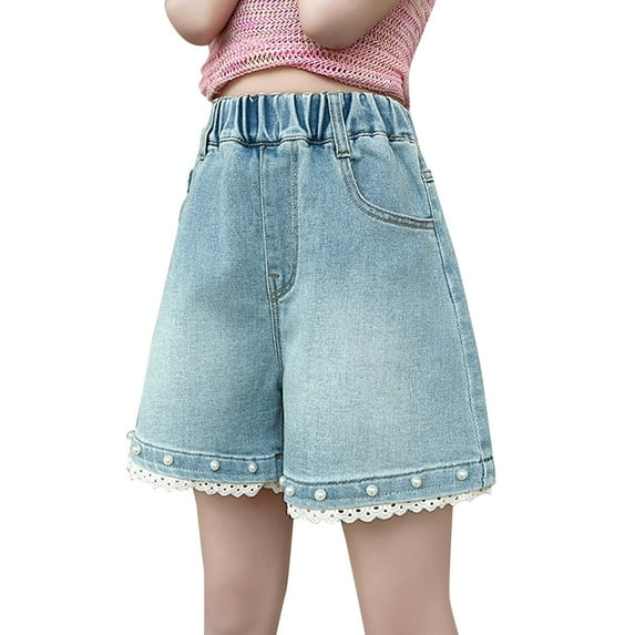 KAUOD Girls Kawaii Lace Trim Jeans Shorts Kids Elastic High Waist Loose Straight Leg A Line Midi Denim Shorts with Pocket