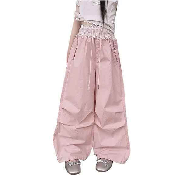 KAUOD Girls Lace High Waist Parachute Pants Baggy Wide Leg Thin Casual Cargo Trousers with Pockets Teen Kids Drawstring Pants