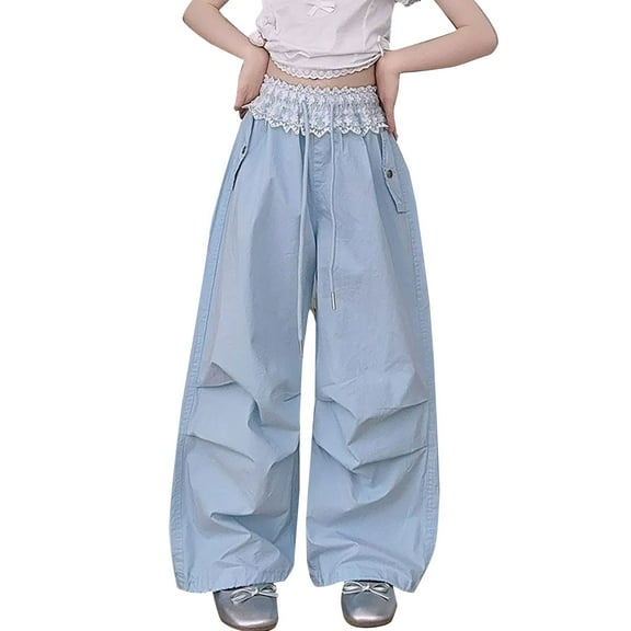 KAUOD Girls Lace High Waist Parachute Pants Baggy Wide Leg Thin Casual Cargo Trousers with Pockets Teen Kids Drawstring Pants