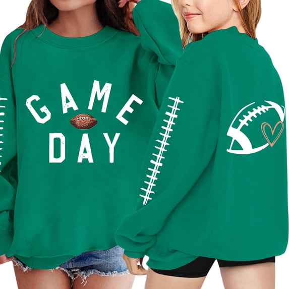 KAUOD Girls Letter Print Sweatshirt Football Graphic Crewneck Pullover Long Sleeve Sweaters Kids Casual Fashion Top School Hoodies