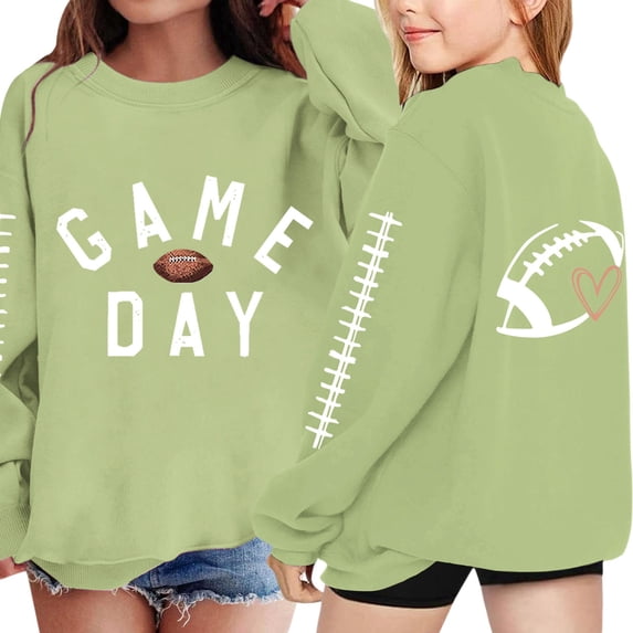 KAUOD Girls Letter Print Sweatshirt Football Graphic Crewneck Pullover Long Sleeve Sweaters Kids Casual Fashion Top School Hoodies