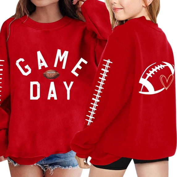 KAUOD Girls Letter Print Sweatshirt Football Graphic Crewneck Pullover Long Sleeve Sweaters Kids Casual Fashion Top School Hoodies