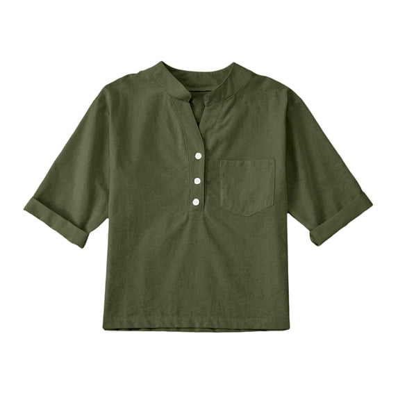 KAUOD Girls Linen Shirt Mid Sleeve Loose Fit Button Down Collar Cotton Blouses Teen Summer Lightweight Solid Tee Tops with Pockets
