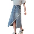 thumbnail image 1 of KAUOD Girls Long Denim Skirt Trendy Elastic Waist A Line Jean Skirts with Pockets Teen Irregular Raw Hem Casual Skirt, 1 of 5