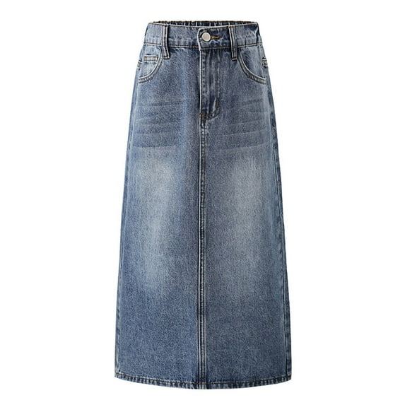 KAUOD Girls Long Denim Skirt Zipper Fly Elastic Waist Jean Skirts Casual Vintage Skirts Y2K Comfy Skirt with Pocket