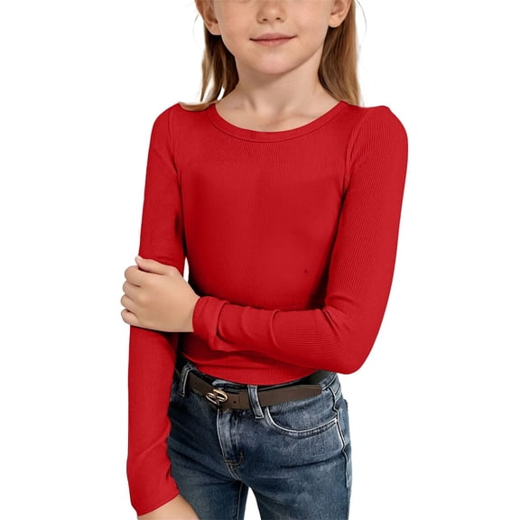 KAUOD Girls Long Sleeve Shirt Crew Neck Knit Stretchy Pullover Tops Teen Kids Plain School Casual T-Shirt Soft Clothes