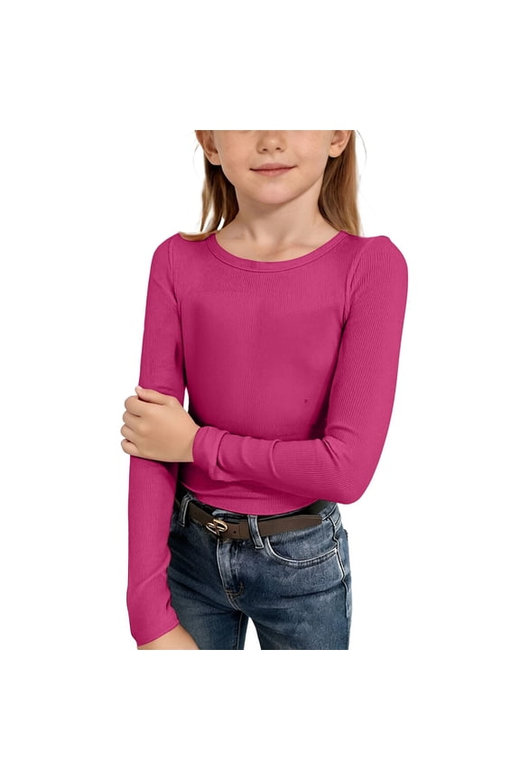 Girls Long Sleeve Shirt Crew Neck Knit Stretchy Pullover Tops Teen Kids Plain School Casual T-Shirt Soft Clothes