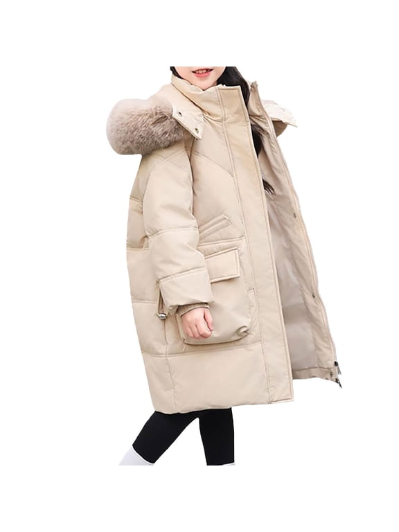 Girls Long Winter Parka Coats Faux-F𝐮r Hood Thick Warm Puffer Jackets Teen Kids Quilted Oversized Pockets down Outwear