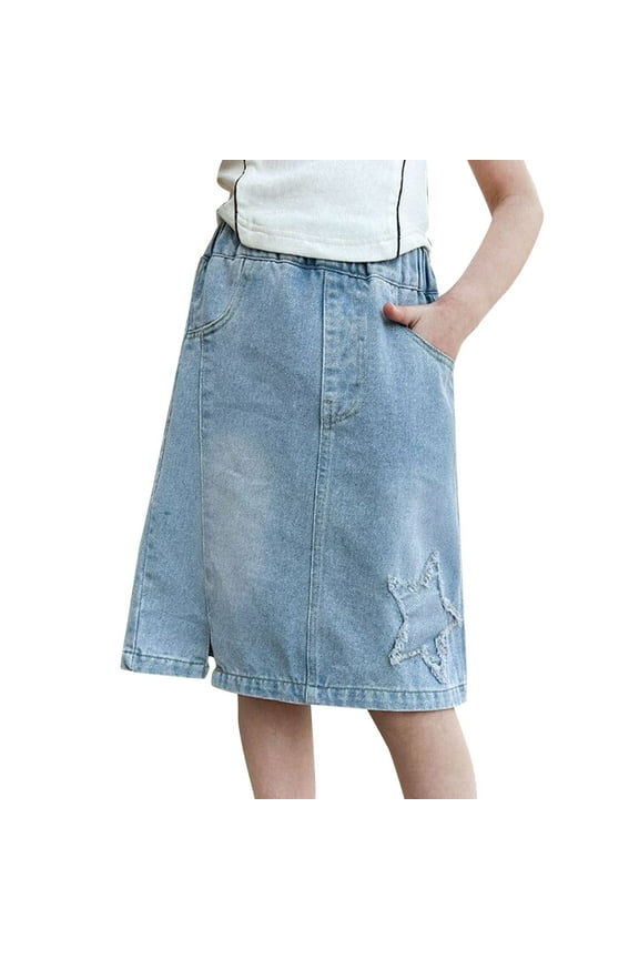 Girls Midi Denim Skirt Casual Trendy Elastic Waist Jean Skirts Y2K Star Patch Skirts Summer Knee Length Skirt