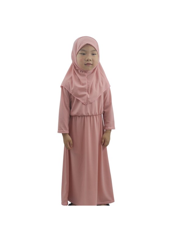 Girls Muslim Abaya Dress with Hijab 2 Piece Soft Plain 𝐈slamic Prayer Long Dresses Kids Toddler Eid Outfits Clothes