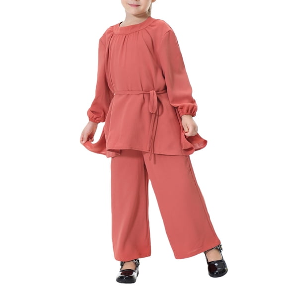 KAUOD Girls Muslim Shirt Pants Set 2 Piece Long Sleeve 𝐈slamic Plain Tops Baggy Wide Pants Eid Prayer Traditional Outfits