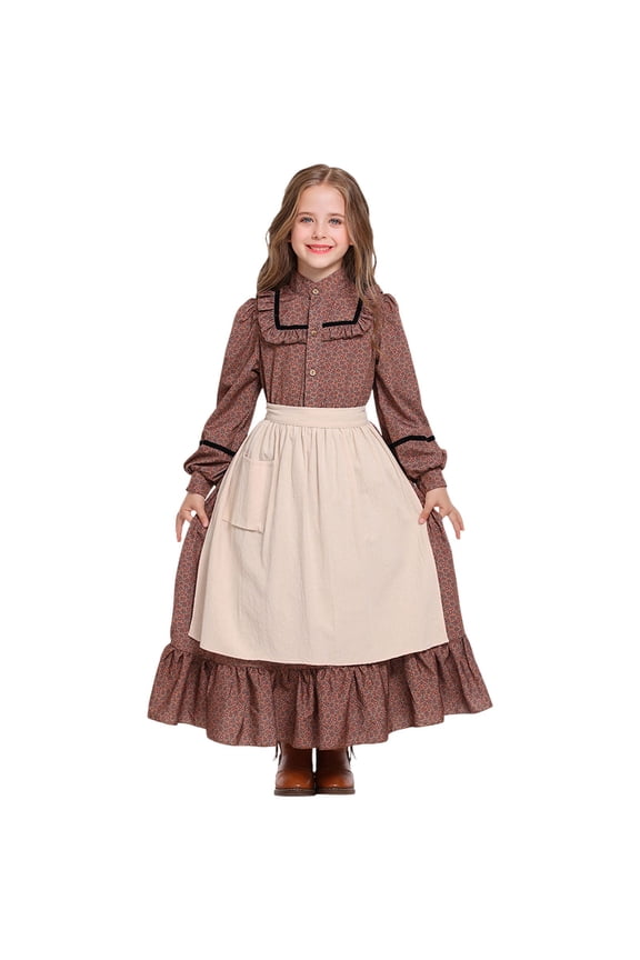 Girls Oktoberfest Long Dirndl Dress Skirts Outfits Long Sleeve Pleated Elegant Traditional Dresses Cute Retro Dress