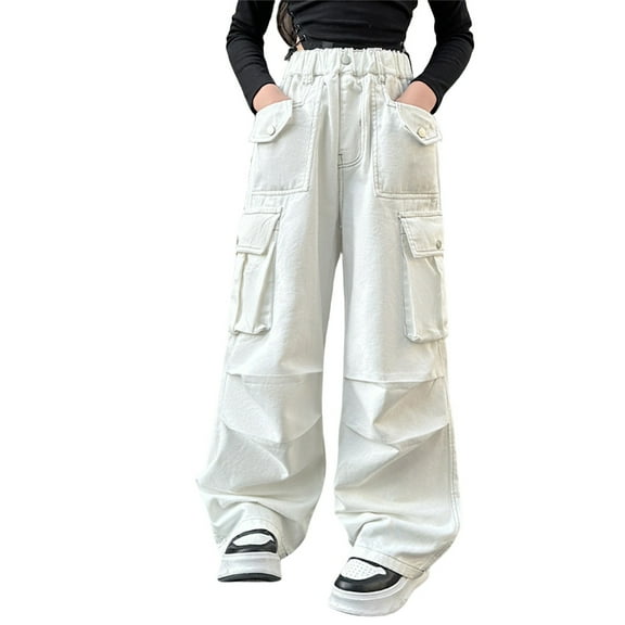 KAUOD Girls Parachute Cargo Pants Baggy Streetwear Joggers Trousers with Pockets Teen Kids Multi Pockets Wide Leg Flare Pants