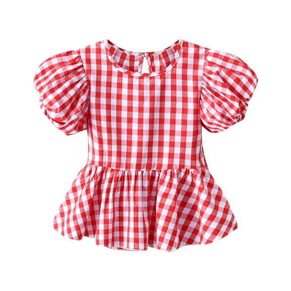 KAUOD Girls Plaid Top Dress Pleated Hem Puff Short Sleeves Crew Neck Ruffle Skirt Beach Leisure Casual Playwear Clothes