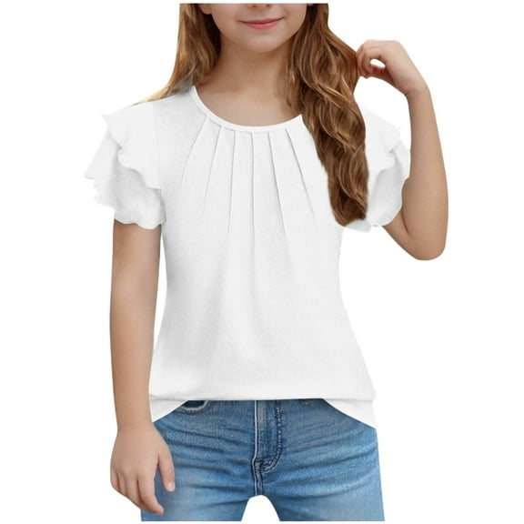 KAUOD Girls Pleated Ruffle Short Sleeve Shirts Kids Solid Color Crewneck Casual Loose T-Shirts Fashion Trendy Tops Tees