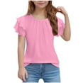 thumbnail image 1 of KAUOD Girls Pleated Ruffle Short Sleeve Shirts Kids Solid Color Crewneck Casual Loose T-Shirts Fashion Trendy Tops Tees, 1 of 7