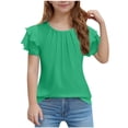 thumbnail image 1 of KAUOD Girls Pleated Ruffle Short Sleeve Shirts Kids Solid Color Crewneck Casual Loose T-Shirts Fashion Trendy Tops Tees, 1 of 7