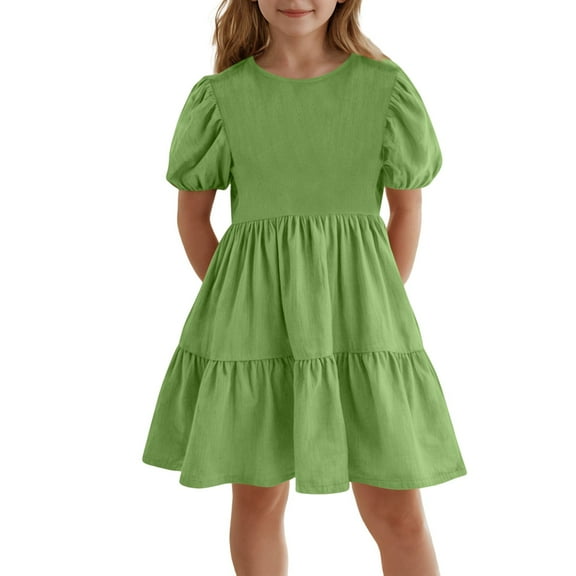 KAUOD Girls Puff Short Sleeve Summer Dress Crew Neck Pleated Swing Casual Dresses Kids Girls Solid Knee Length Ruffles Skirts