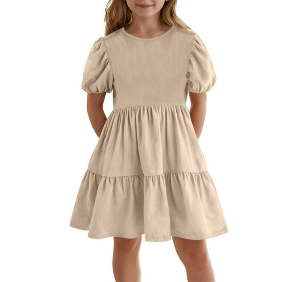 KAUOD Girls Puff Short Sleeve Summer Dress Crew Neck Pleated Swing Casual Dresses Kids Girls Solid Knee Length Ruffles Skirts