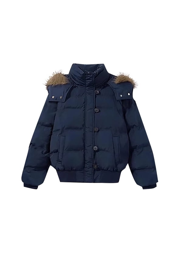Girls Puffer Ski Jackets Winter Waterproof Faux-F𝐮r Hood Insulated Coats Kids Buttons Lightweight Hiking Outwear