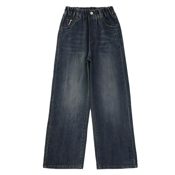 KAUOD Girls Retro Jeans High Elastic Waist Straight Wide Leg Denim Pants Kids Washed Baggy Trousers Classic Dark Streetwear
