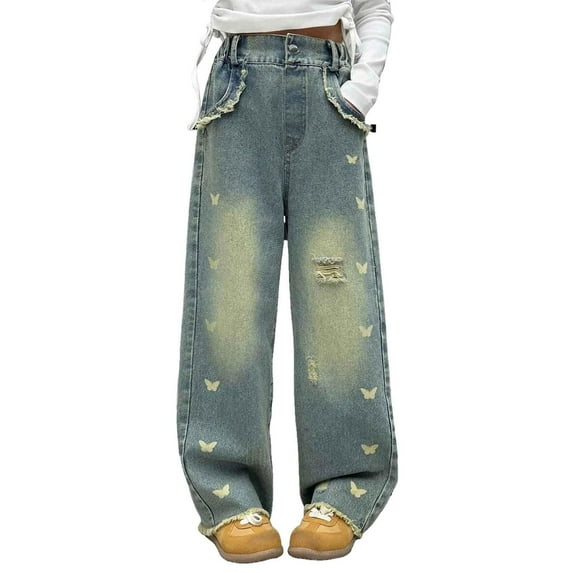 KAUOD Girls Ripped Distressed Jeans | Kids Wide Leg Denim Pants | Elastic Waist Baggy Jeans with Pockets | Streetwear Clothes