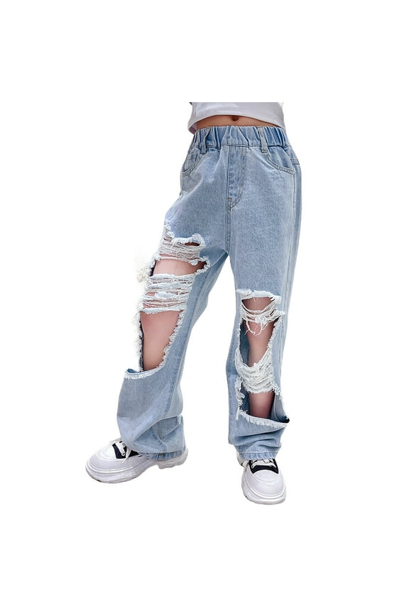 Girls Ripped Jeans High Elastic Waist Wide Leg Hole Denim Pants Baggy Straight Stretchy Trousers Kids Y2K Streetwear